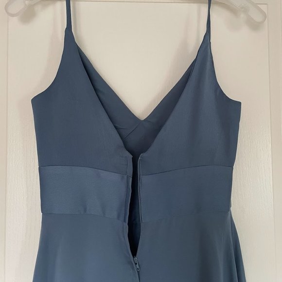 David's Bridal // Steele Blue Spaghetti Strap Satin Top Chiffon Bridesmaid Dress - Picture 5 of 7